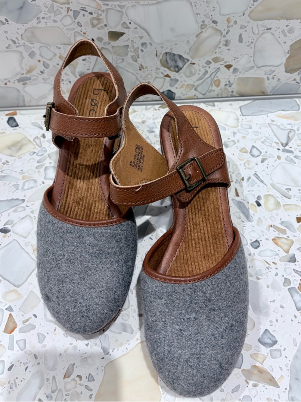 b.o.c. Gray Felt and Brown Leather Platform Clogs - Picture 2 of 6